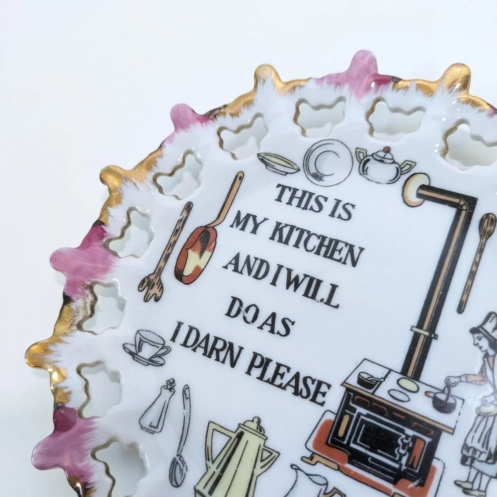 Vintage Kitchen Wall Plate Funny Mom Japan Reticulated Gold MCM Kitsch Hanging